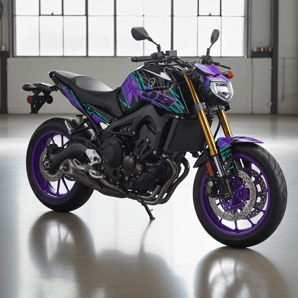 kit deco racing violet et turquoise pour moto roadster