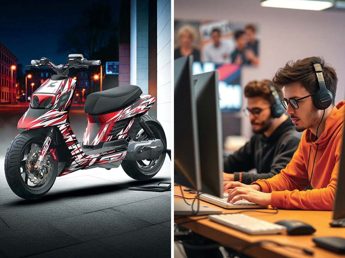 kit deco booster racing et 2 graphistes de kit deco devant leur ordinateurs